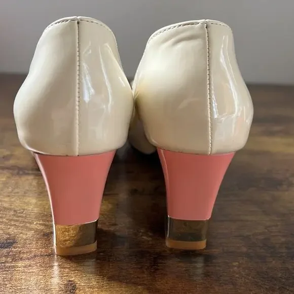 Ephemeral Retro Pin Up Baby Pink & Tan Patent Round Bow Toe Heels - Picture 9 of 12